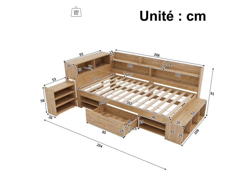  Lit enfant 90 x 200 cm avec tiroir, étagères et placards de rangement, sommier à lattes, contreplaqué naturel  - Conforama D