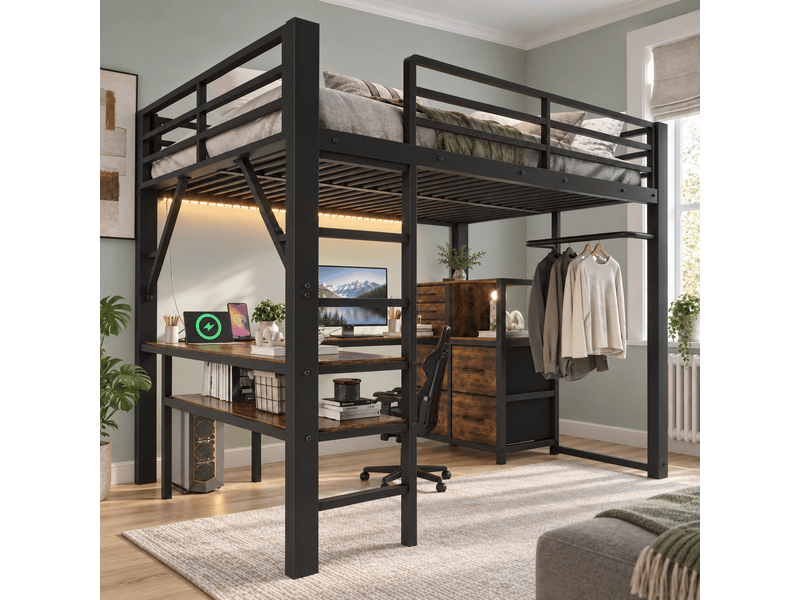 Lit mezzanine enfant 140x200 cm noirbrun avec bureau d’angle, 7 tiroirs, led, usb-c et penderie Fay Lum - Conforama B