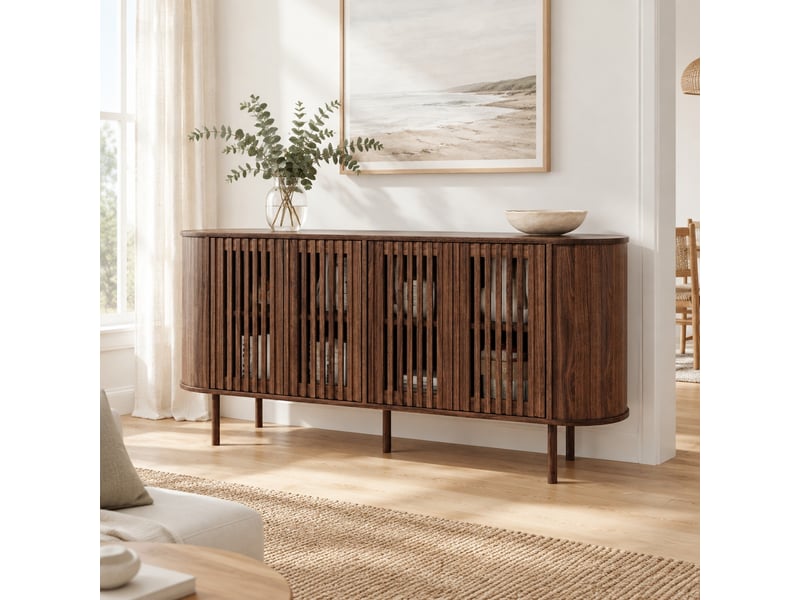  Buffet, avec 4 portes coulissantes perforées, étagères réglables et pieds métal, pour salon, mdf noyer, 160×40×70 cm  - Conforama B