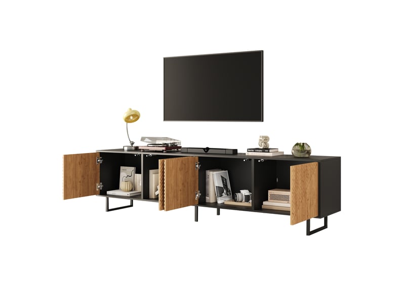  Meuble tv 180 cm avec 4 portes, finition bois naturel et noir, supporte 40 kg, pour écran 80 pouces  - Conforama A
