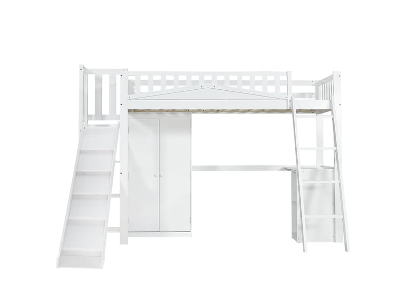  Lit mezzanine 90x200 cm, lit enfant avec toboggan bureau et armoire intégrée, gain de place en bois de pin et mdf, blanc  - Conforama D