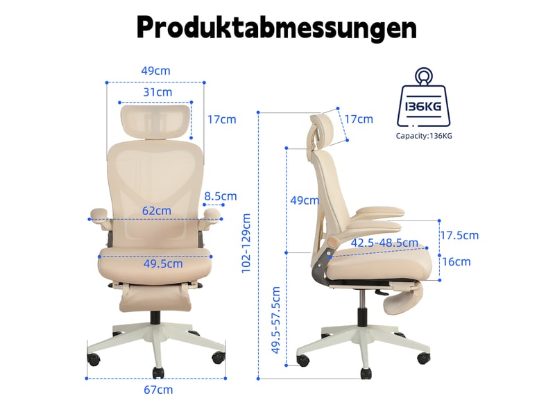  Chaise de bureau ergonomique 62 x 48,5 cm – crème – appuie-tête 3d, accoudoirs rabattables et dossier pliant  - Conforama C