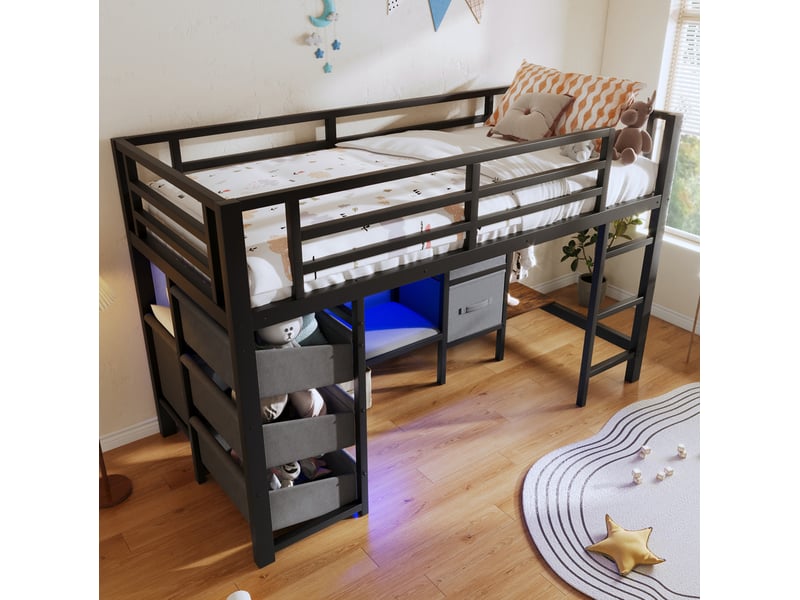 Lit mi-hauteur tcqpz 90 x 200 cm en métal noir avec coussin, éclairage led multicolore, rangements et zone de suspension - Conforama D