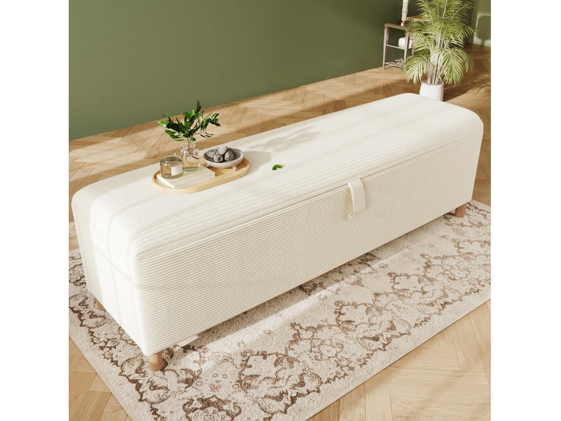  Banc de lit 145x38x46 cm en velours côtelé beige avec rangement hydraulique  - Conforama D