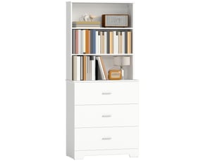 Bibliothèque murale en bois, 79 x 39,5 x 182,2 cm, blanche, avec 3 étagères ouvertes et 3 tiroirs.