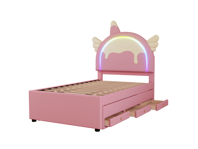  Lit enfant licorne 90x200 cm rose en simili cuir pu avec lit gigogne extensible  - Conforama E