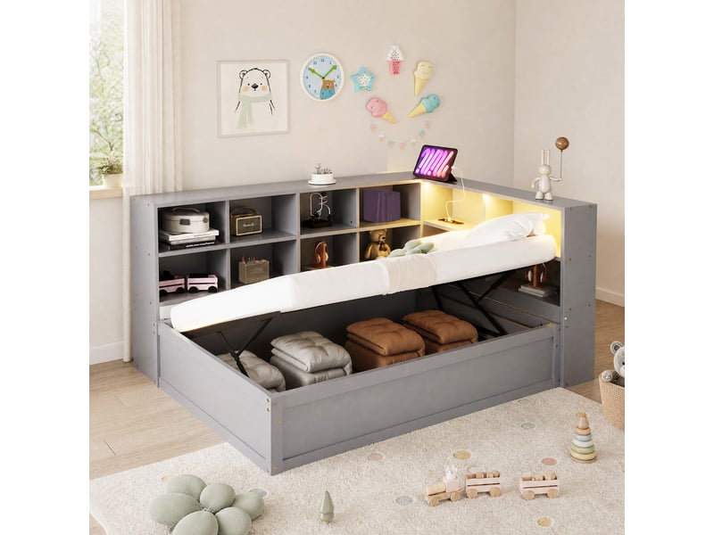  Lit simple 90x200 cm hydraulique avec rangements, led et prise multifonction gris  - Conforama C