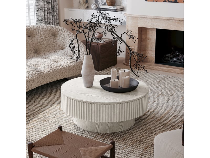  Table basse ronde 82x25x82 cm avec rangement caché en bois et mdf blanc rétro  - Conforama C