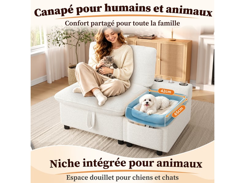  Fauteuil 1 place 110x81x87 cm, canapé avec rangement, rangement dissimulé, rangement intégré, ports usb et type-c, design moderne, tissu bouclé beige CozyNest - Conforama E