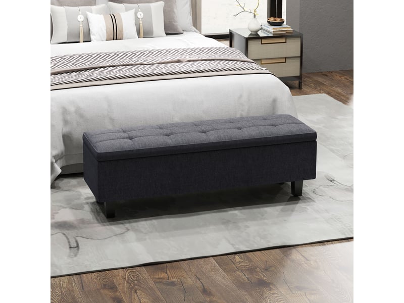  Banc de rangement aspect lin, pieds en hévéa, pour salon, chambre, entrée, gris foncé  - Conforama C