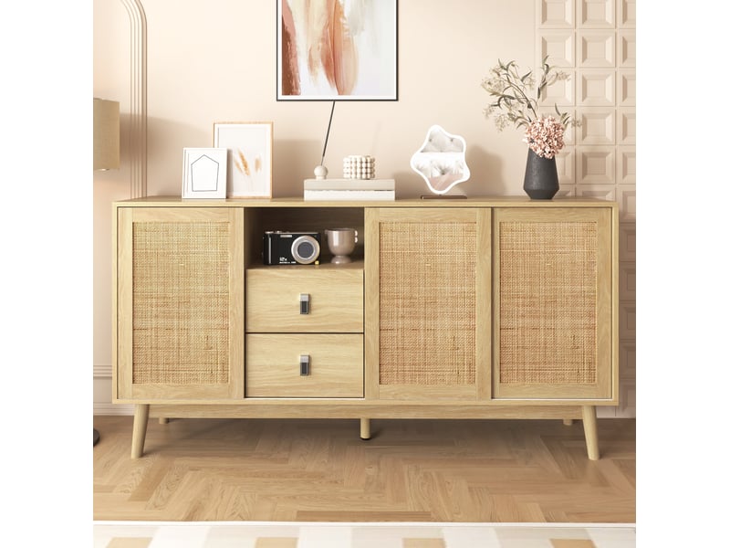 Buffet bas modenvie 155 x 38 x 80 cm 3 portes coulissantes en rotin 2 tiroirs bois clair - Conforama D