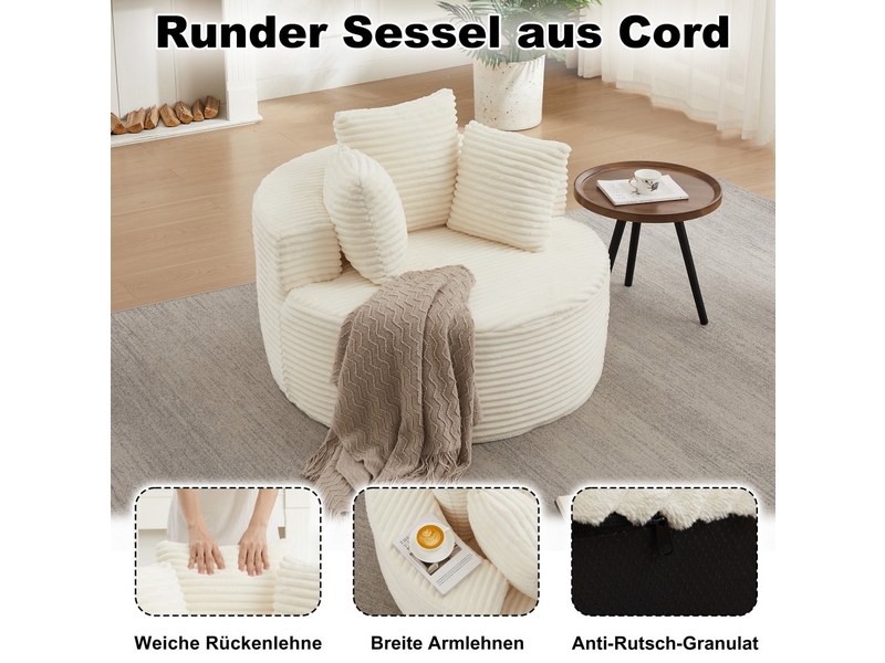  Fauteuil simple rond 110x110x82cm - canapé cabriolet lounge individuel sans montage en velours côtelé 3 coussins - beige  - Conforama D