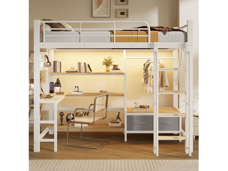  Lit mezzanine 90x200 cm avec bureau, rangements et led blanc  - Conforama D