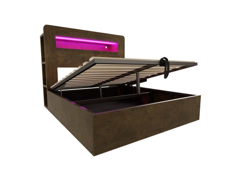  Lit coffre 140x200 cm, lit double, rangement hydraulique, bois, led  - Conforama B