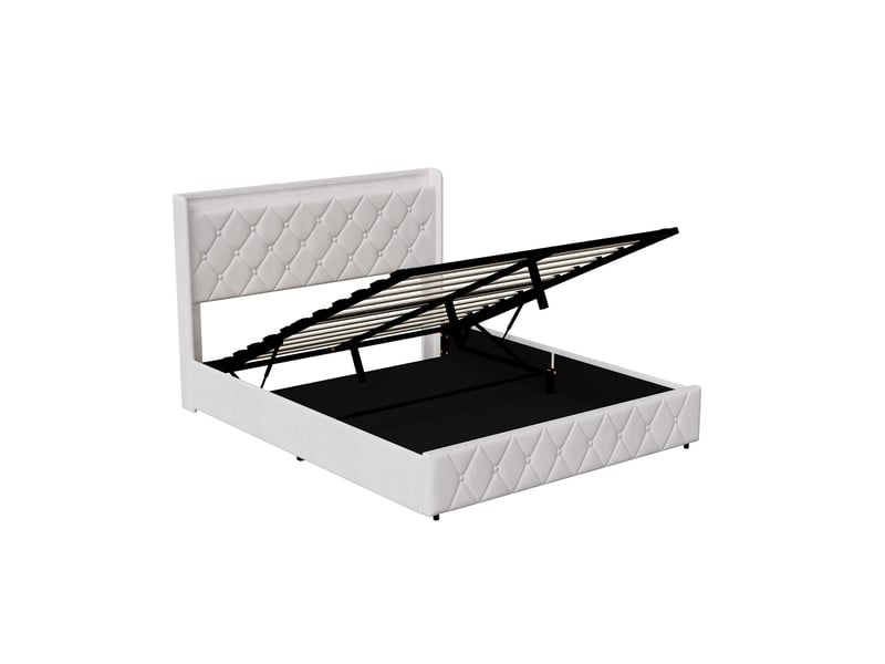  Lit coffre 160x200cm - lit double 160x200 et sommier - lit 160x200 avec tête de lit led, prises usbtype-c - beige  - Conforama A