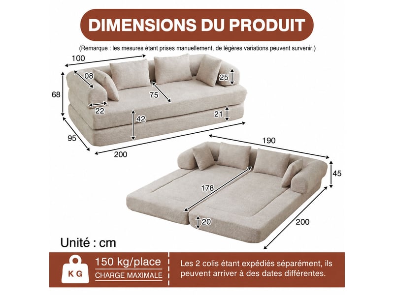  Canapé convertible modulable 2 places 4-en-1 200 x 95 x 68 cm, dossier réglable, sans montage, 4 coussins, tissu chenille kaki  - Conforama C