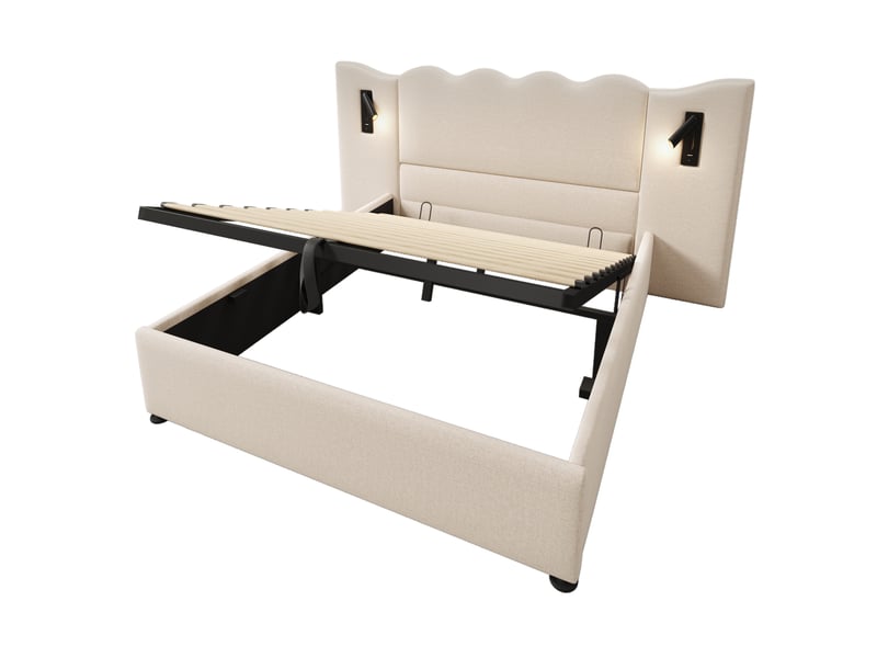  Lit coffre 160×200cm, lit double, lampe pivotante à 360°, tête de lit, métal, bois, lin, beige, matelas inclus  - Conforama R