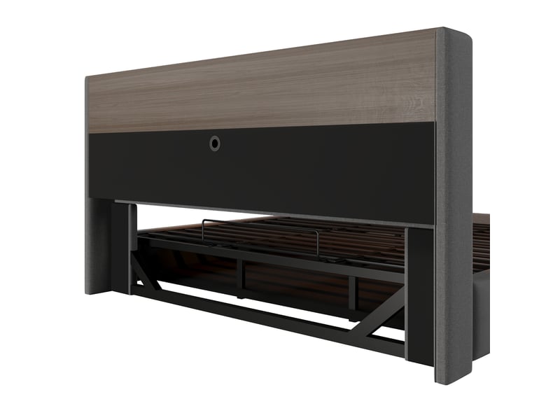  Lit coffre 180 × 200 cm, lin, sommier à lattes, led sous le lit, tête de lit avec rangement, ports usb et usb-c, gris  - Conforama E