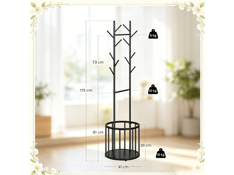  Porte-manteau sur pied arbre en métal noir avec panier de rangement  - Conforama C