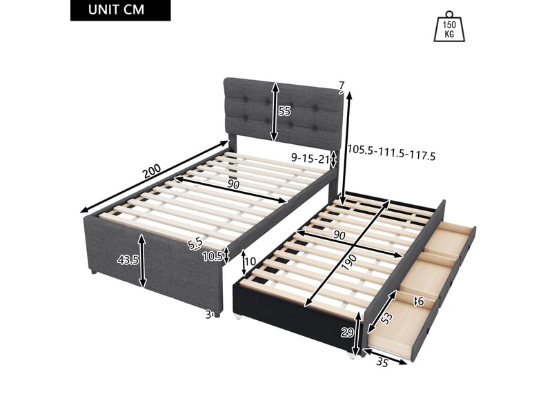  Lit gigogne 90x200 cm avec 3 tiroirs et tête de lit réglable, gris  - Conforama E