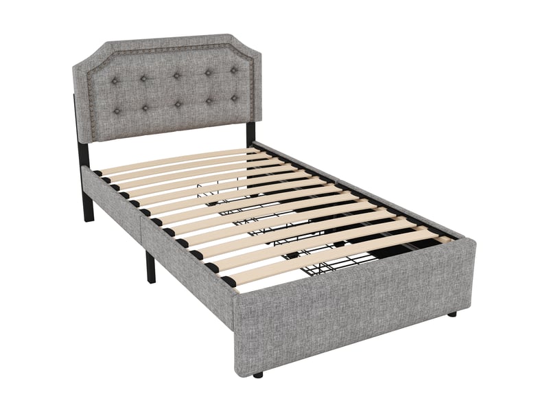  Lit rembourré gris 90x200 cm avec détails cloutés et 2 tiroirs de rangement  - Conforama D