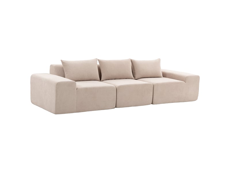Canapé design arrondi 3 places 3 coussins larges accoudoirs tissu chenille beige - Conforama E