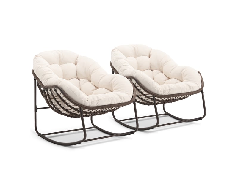  Cocon - lot de 2 fauteuils à bascule en rotin naturel – forme œuf et coussins blanc crème – confortable pour salon, véranda ou chambre  - Conforama A