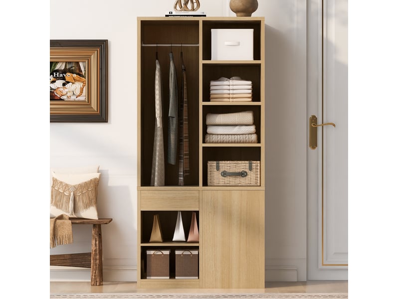  Armoire penderie 70x50x170 cm, grand volume tiroirs, rangements ouverts, tringle métal, contreplaqué+mdf finition bois clair  - Conforama D