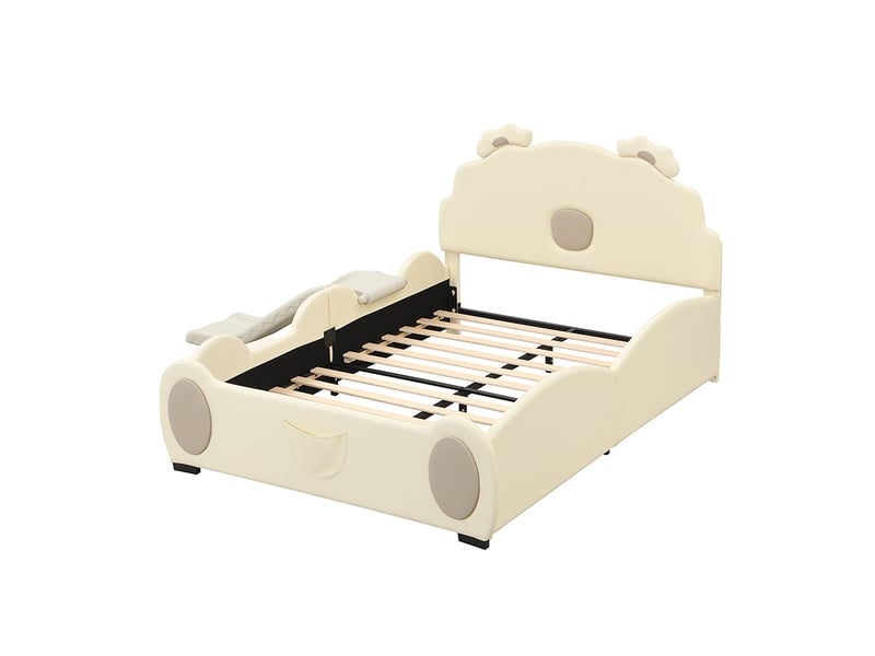  Lit enfant 140x200 cm forme ourson avec toboggan, pu, beige, sans matelas  - Conforama R