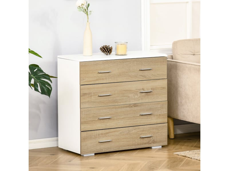  Commode à 4 tiroirs en bois avec poignées en aluminium, 76 x 35 x 72 cm, blanc et chêne  - Conforama C