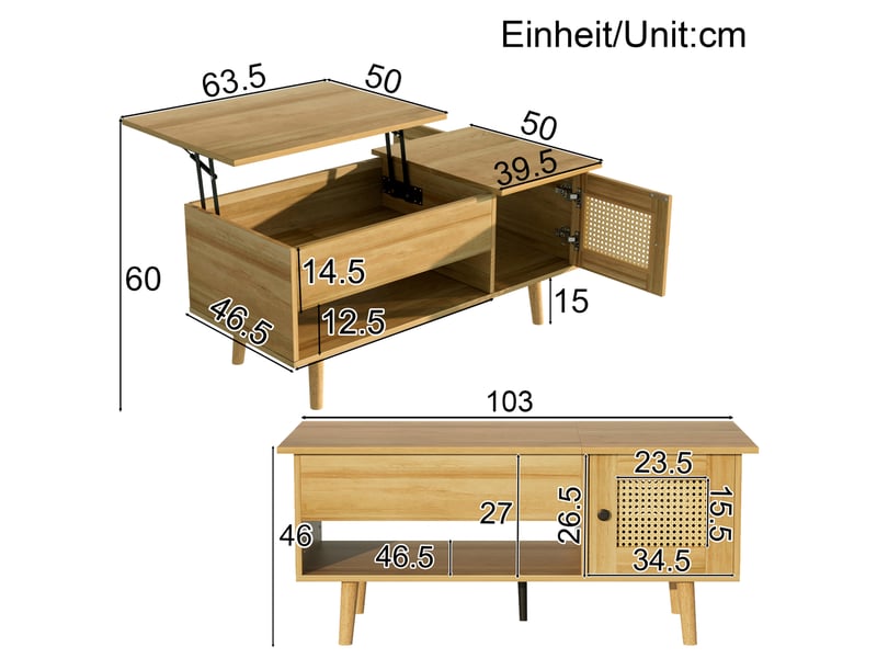  Élégante table basse avec plateau relevable et portes en rotin, couleur bois avec accents noirs, idéale pour le salon – espace de rangement pratique et design fonctionnel.  - Conforama C