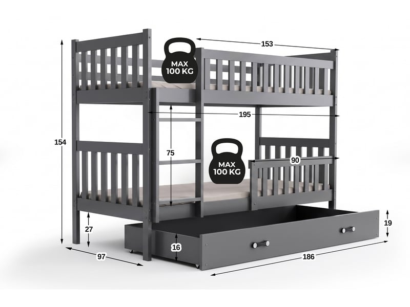 Lit superposé séparable 90x190 cm quba interbeds - bois massif de pin avec barrière, sommier, tiroir – gris - Conforama C