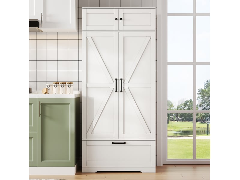  Armoire de cuisine blanche 80 x 40 x 180 cm avec tiroir et casiers à bouteilles  - Conforama E