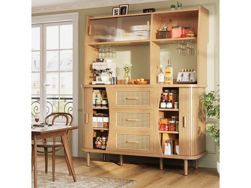  Buffet haut avec 3 tiroirs, niches et portes vitrées coulissantes pour cuisine en mdf 140×40,5×174,5 cm bois  - Conforama B