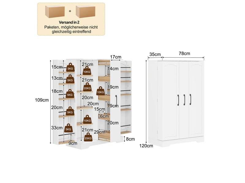  Buffet de cuisine blanche 78 x 35 x 120 cm avec rangement à épices, double porte, coulissant vertical 4 niveaux  - Conforama C