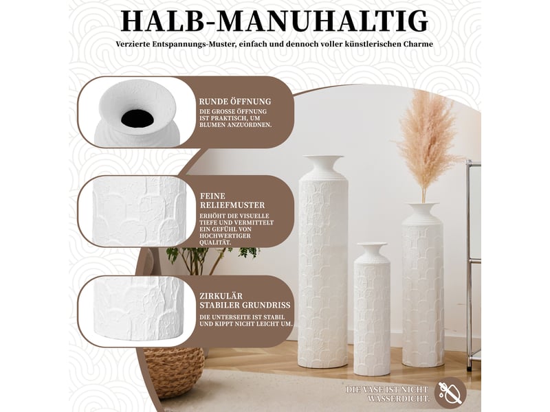 Lot de 3 vases de sol en métal blanc, h 50, 65 et 85 cm, texture en relief pour fleurs séchées décoratives - Conforama E