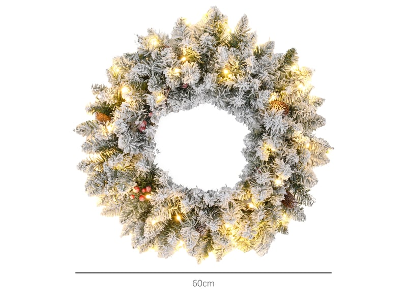  Couronne de noël porte artificielle 60 cm avec pommes de pin et grappes de baies, lumières led et minuterie vert  - Conforama E