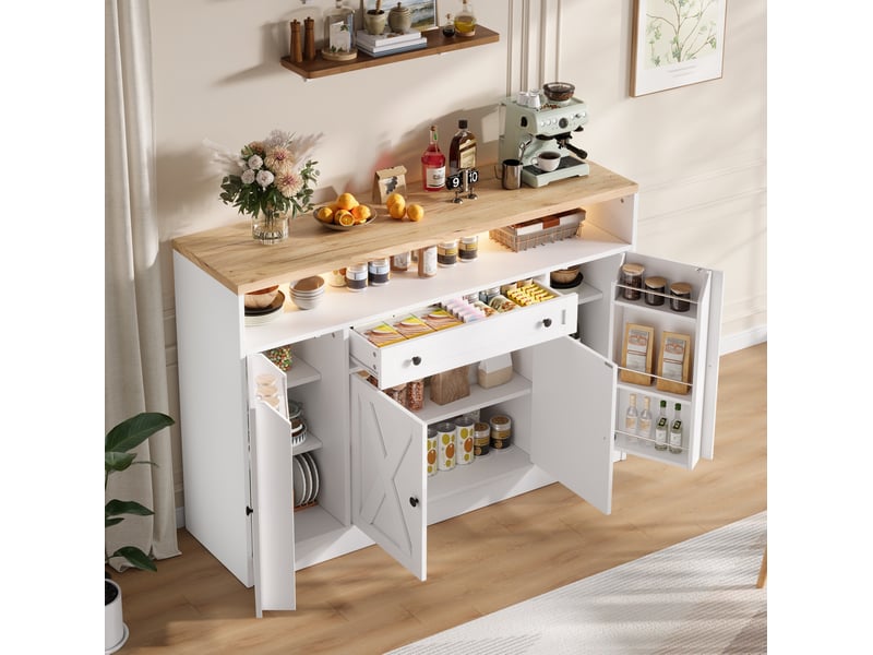  Buffet avec led rgb et  avec 4 portes et tiroir, buffet salon 140x35x95 cm en mdf blanc, meubles de rangement  - Conforama B