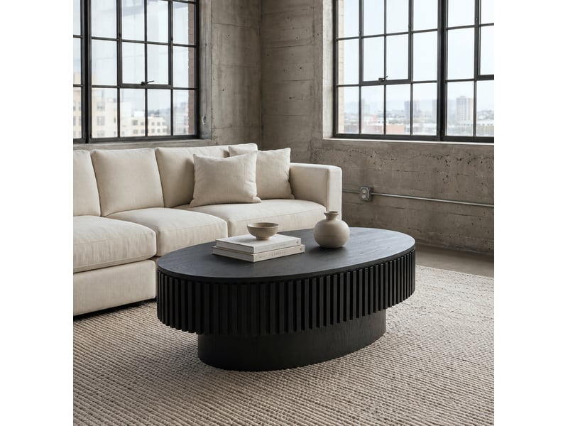 Table basse ovale 98x60x35 cm en mdf noir avec rangement dissimulé - Conforama D