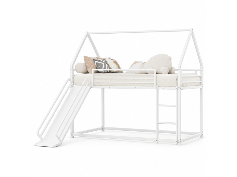 Lits superposés cabane 90x190 cm avec toboggan et escalier, barrières de protection, structure en métal, blanc OMNIGLINT TRADING LTD - Conforama A
