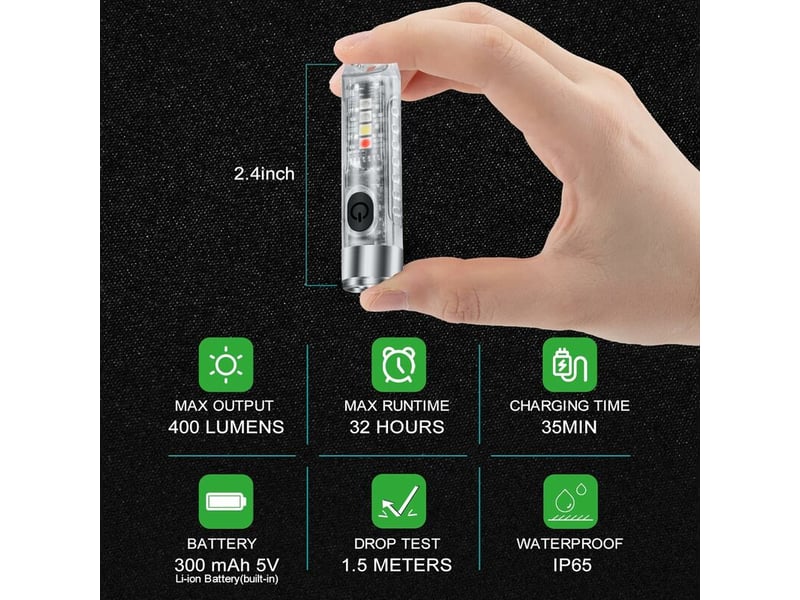  1 led verte transparente forte lumière petite lampe de poche lumière latérale rouge bleu violet lumière charge usb mini porte-clés  - Conforama C