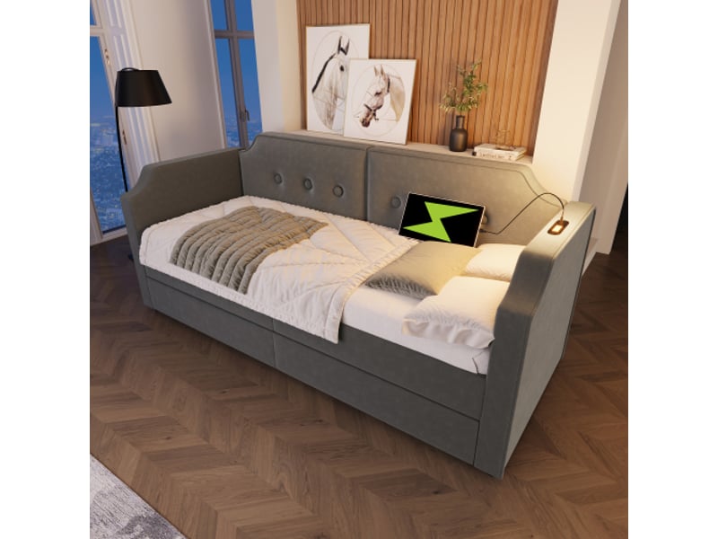  Lit enfant 90x200 cm, lit simple avec 2 tiroirs, cadre de lit avec sommier à lattes en bois et tête de lit, en lin, gris, sans matelas  - Conforama C