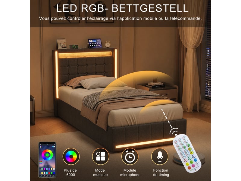  Lit coffre 90x200 avec led et usb, lit 2 place avec rangement hydraulique, lit simple rembourré avec sommier à lattes, sans matelas  - Conforama D