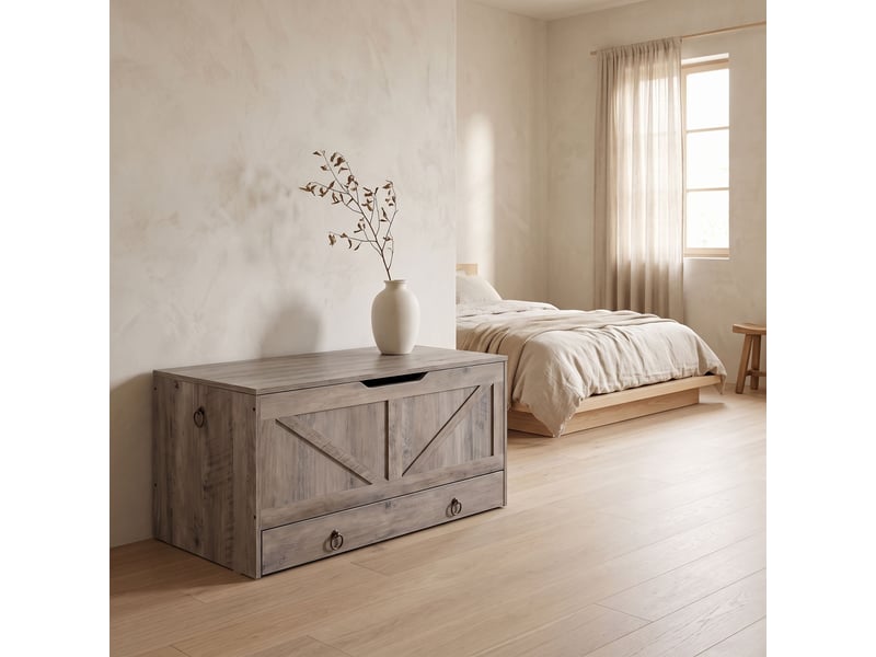 Kura - coffre de rangement 100 x 50 x 40 cm avec charnières de sécurité et tiroirs en bois de style industriel  - Conforama B