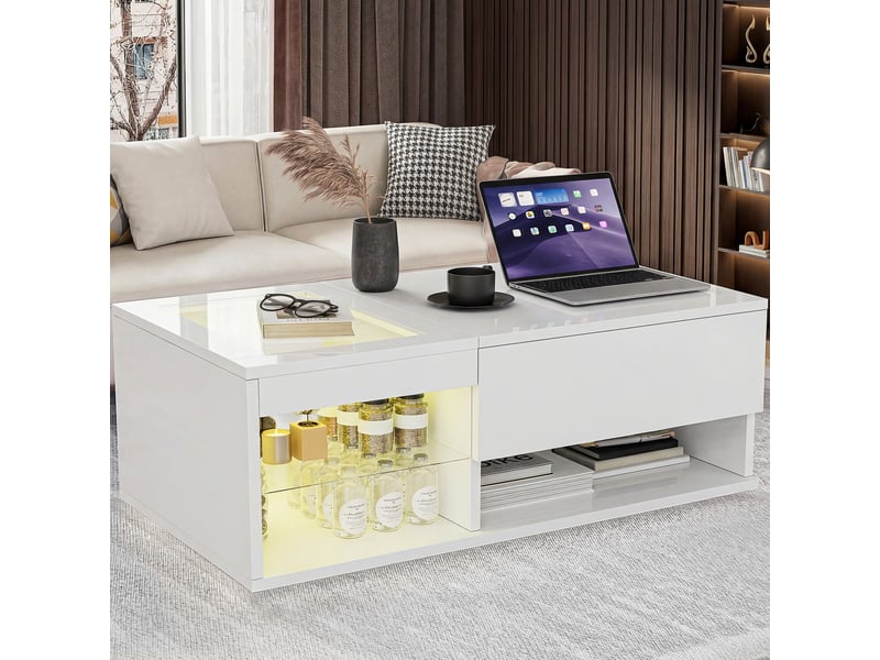  Table basse relevable led - 100 x 55 x 35 cm-blanc - table de salon haute brillance avec éclairage rgb, compartiment et étagère  - Conforama E