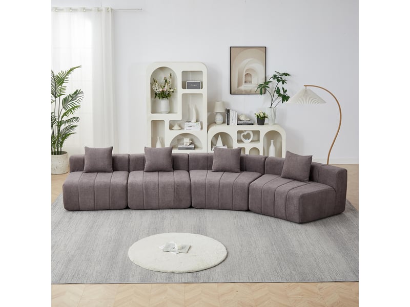  Canapé 4 places - 388x83.8x73.6 cm - canapé d'angle modulaire incurvé chenille avec coussins sans montage - gris  - Conforama D