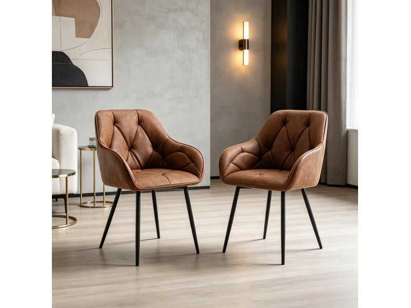  Lot de 2 chaises de salle à manger avec accoudoirs 45,5x45 cm – marron – simili cuir, pieds métal réglables  - Conforama B