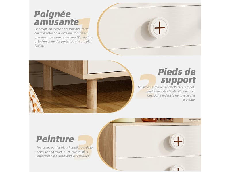  Commode 4 tiroirs 80 x 54 x 90 cm design contrasté blanc et bois naturel, anti-basculement, pratique et robuste, mdf  - Conforama D