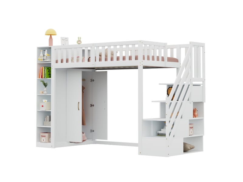  Lit mezzanine enfant 90x200 cm avec armoire, étagères et escalier, blanc  - Conforama A