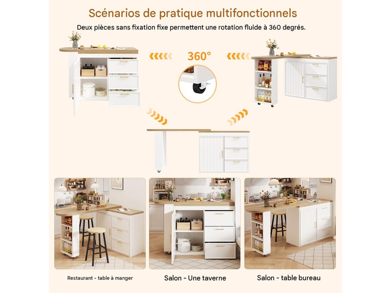  Table de bar pivotante avec rangements en mdf et métal blanc 128-203x39x90 cm - pangivo  - Conforama E